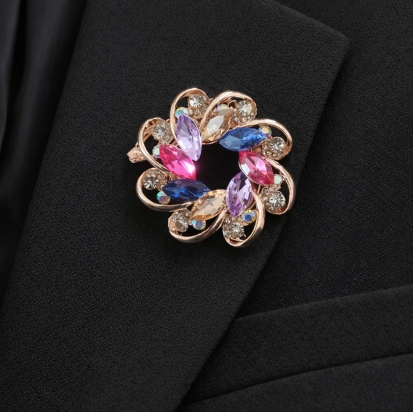 Multicolor Rhinestone Flower Brooch Pin | Rose Gold Tone Statement Accessory - Picture 1 of 3
